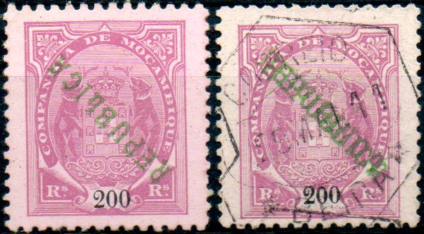 0134.jpg -     Lote:    134      Colecção IMPÉRIO      Companhia de Moçambique       Descrição:         1911 &mdash; Tipo Elefantes, com sobrecarga REPUBLICA local. CE73, 200 reis lilás s/ rosa. Lote de dois selos: um em estado novo com a sobrecarga invertida e outro usado com dupla sobrecarga. As duas sobrecargas do tipo I.        **/O       Valor Base:     &euro; 15,00     Valor Venda:     &euro; 55,00     