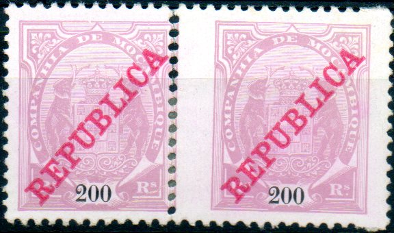 0142.jpg -     Lote:    142      Colecção IMPÉRIO      Companhia de Moçambique       Descrição:         1911 &mdash; Tipo Elefantes, com sobrecarga REPUBLICA. CE88, 200 reis lilás s/ rosa. Par horizontal com denteado deslocado, originando um selo maior que o outro.        *       Valor Base:     &euro; 8,00     Valor Venda:     &euro; 14,00     