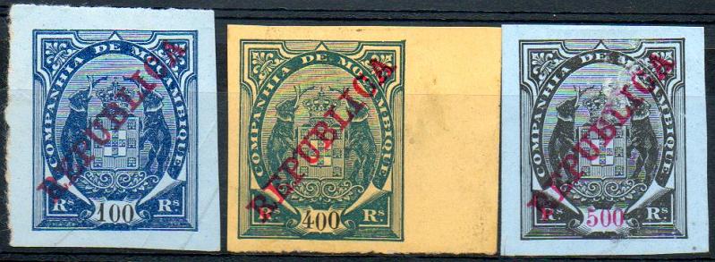 0143.jpg -     Lote:    143      Colecção IMPÉRIO      Companhia de Moçambique       Descrição:         1911 &mdash; Tipo Elefantes, com sobrecarga REPUBLICA. Lote de 3 selos de 100, 400 e 500 reis não denteado, CE85, 89 e 90.        *       Valor Base:     &euro; 15,00     Valor Venda:     &euro; 38,00     
