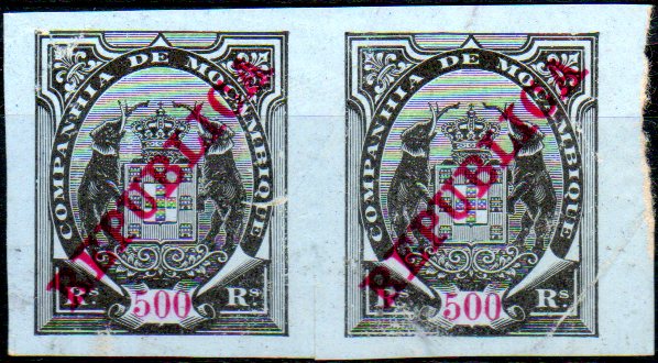 0144.jpg -     Lote:    144      Colecção IMPÉRIO      Companhia de Moçambique       Descrição:         1911 &mdash; Tipo Elefantes, com sobrecarga REPUBLICA. CE90, 500 reis, preto s/ azul. Par horizontal não denteado.        *       Valor Base:     &euro; 10,00     Valor Venda:     &euro; 48,00     