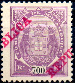 0145.jpg -     Lote:    145      Colecção IMPÉRIO      Companhia de Moçambique       Descrição:         1911 &mdash; Tipo Elefantes, com sobrecarga REPUBLICA. CE91, 700 reis violeta s( amarelo. Selo com deslocação da sobrecarga.        *       Valor Base:     &euro; 8,00     Valor Venda:     &euro; 16,00     