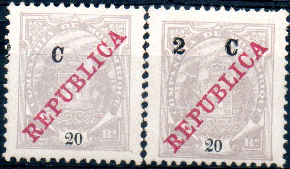 0149.jpg -     Lote:    149      Colecção IMPÉRIO      Companhia de Moçambique       Descrição:         1916 &mdash; Tipo Elefantes, com REPUBLICA e sobretaxa em centavos. CE96, 2 c s/ 20 reis lilás cinzento. Lote de dois selos: um com dupla sobretaxa e outro com a sobretaxa deslocada.        **       Valor Base:     &euro; 20,00     Valor Venda:     &euro; 26,00     