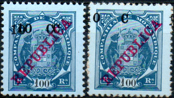 0154.jpg -     Lote:    154      Colecção IMPÉRIO      Companhia de Moçambique       Descrição:         1916 &mdash; Tipo Elefantes, com REPUBLICA e sobretaxa em centavos. CE100, 10c s/ 100 reis azul s/ azul. Lote de dois selos: um com dupla sobretaxa e outro com a sobretaxa deslocada.        **       Valor Base:     &euro; 20,00     Valor Venda:     &euro; 34,00     
