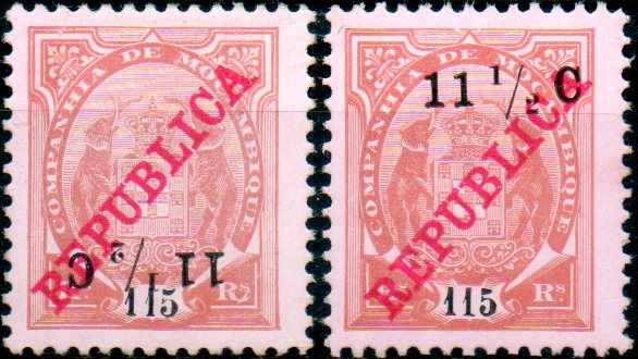 0155.jpg -     Lote:    155      Colecção IMPÉRIO      Companhia de Moçambique       Descrição:         1916 &mdash; Tipo Elefantes, com REPUBLICA e sobretaxa em centavos. CE101, 11 &frac12; c s/ 115 reis castanho s/ rosa. Lote de dois selos: um com a sobretaxa deslocada e outro com a sobretaxa invertida. Não catalogadas.        **       Valor Base:     &euro; 15,00     Valor Venda:     &euro; 26,00     