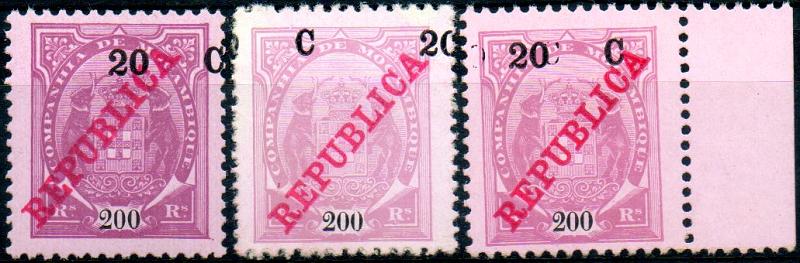 0157.jpg -     Lote:    157      Colecção IMPÉRIO      Companhia de Moçambique       Descrição:         1916 &mdash; Tipo Elefantes, com REPUBLICA e sobretaxa em centavos. CE103, 20c s/ 200 reis lilás s/ rosa. Lote de 3 selos, dois com a sobretaxa deslocada e um com dupla sobretaxa. Não catalogadas.        **/*       Valor Base:     &euro; 20,00     Valor Venda:     &euro; 32,00     