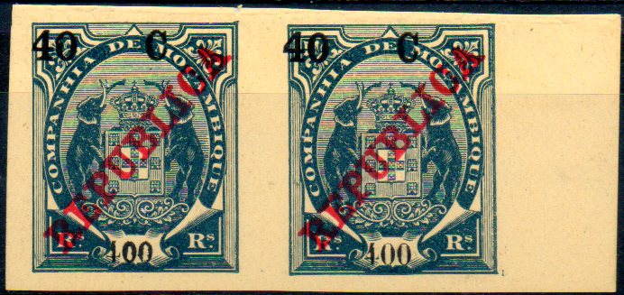 0158.jpg -     Lote:    158      Colecção IMPÉRIO      Companhia de Moçambique       Descrição:         1916 &mdash; Tipo Elefantes, com REPUBLICA e sobretaxa em centavos. CE104, 40c s/ 400 reis azul sobre amarelo. Par horizontal não denteado, bordo de folha. Não catalogado.        *       Valor Base:     &euro; 15,00     Valor Venda:     &euro; 22,00     