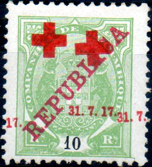 0161.jpg -     Lote:    161      Colecção IMPÉRIO      Companhia de Moçambique       Descrição:         1917 &mdash; Tipo Elefante, com sobrecarga REPUBLICA e "CRUZ VERMELHA". CE108, 10 reis verde amarelo. Selo com dupla sobrecarga da Cruz Vermelha. Não catalogada.        **       Valor Base:     &euro; 35,00     Valor Venda:     &euro; 85,00     