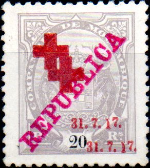 0162.jpg -     Lote:    162      Colecção IMPÉRIO      Companhia de Moçambique       Descrição:         1917 &mdash; Tipo Elefante, com sobrecarga REPUBLICA e "CRUZ VERMELHA". CE109, 20 reis lilás cinzento. Selo com dupla sobrecarga da Cruz Vermelha. Não catalogada.        *       Valor Base:     &euro; 35,00     Valor Venda:     &euro; 85,00     