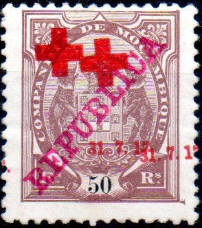 0164.jpg -     Lote:    164      Colecção IMPÉRIO      Companhia de Moçambique       Descrição:         1917 &mdash; Tipo Elefante, com sobrecarga REPUBLICA e "CRUZ VERMELHA". CE110, 50 reis castanho. Selo com dupla sobrecarga da Cruz Vermelha. Não catalogada.        **       Valor Base:     &euro; 40,00     Valor Venda:     &euro; 110,00     