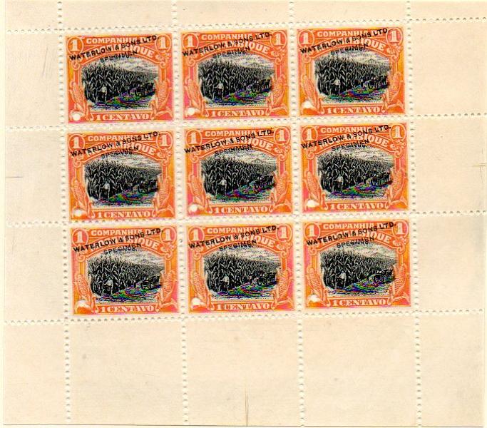 0168.jpg -     Lote:    168      Colecção IMPÉRIO      Companhia de Moçambique       Descrição:         1918 &mdash; Motivos locais. CE119, 1 c. Mini-folha de 9 provas (3x3) em laranja e preto (cores não aprovadas), com sobrecarga a preto "WATERLOW & SONS LTD / SPECIMEN".        PRV       Valor Base:     &euro; 75,00     Valor Venda:     &euro; 100,00     