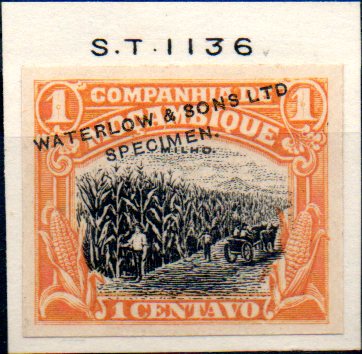 0169.jpg -     Lote:    169      Colecção IMPÉRIO      Companhia de Moçambique       Descrição:         1918 &mdash; Motivos locais. CE119, 1 c. Prova de cor (laranja e preto), não denteada em papel liso, colada sobre cartolina com inscrição marginal "S.T. 1136". Sob recarga a preto "WATERLOW & SONS. LTD / SPECIMEN".        PRV       Valor Base:     &euro; 15,00     Valor Venda:     &euro; 32,00     