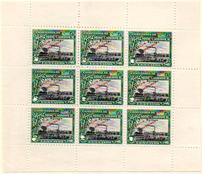 0172.jpg -     Lote:    172      Colecção IMPÉRIO      Companhia de Moçambique       Descrição:         1918 &mdash; Motivos locais. CE121, 2 c. Mini-folha de 9 provas (3x3) em verde e preto (cores não aprovadas), com sobrecarga a vermelho "WATERLOW & SONS LTD / SPECIMEN".        PRV       Valor Base:     &euro; 75,00     Valor Venda:     &euro; 75,00     