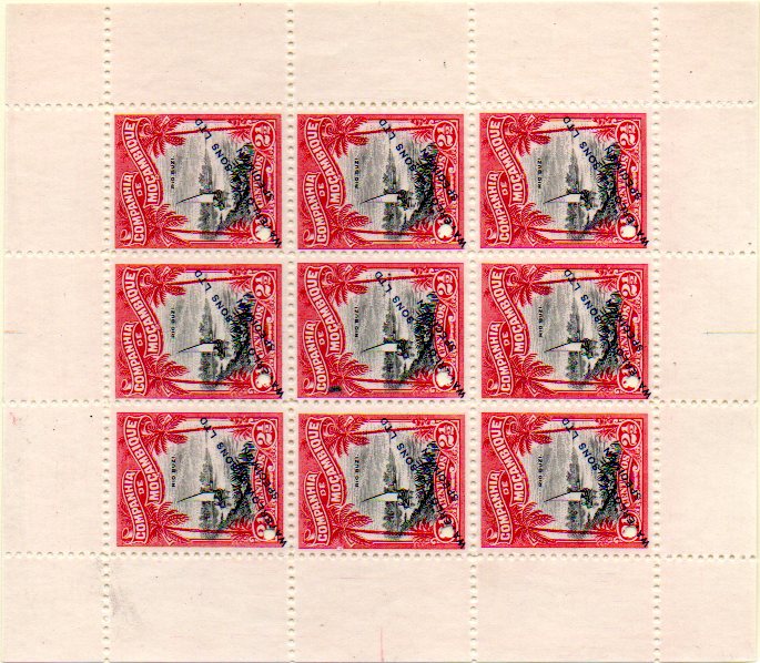 0174.jpg -     Lote:    174      Colecção IMPÉRIO      Companhia de Moçambique       Descrição:         1918 &mdash; Motivos locais. CE122, 2 &frac12; c. Mini-folha de 9 provas (3x3) em carmim e preto (cores não aprovadas), com sobrecarga a preto "WATERLOW & SONS LTD / SPECIMEN".        PRV       Valor Base:     &euro; 75,00     Valor Venda:     &euro; 75,00     