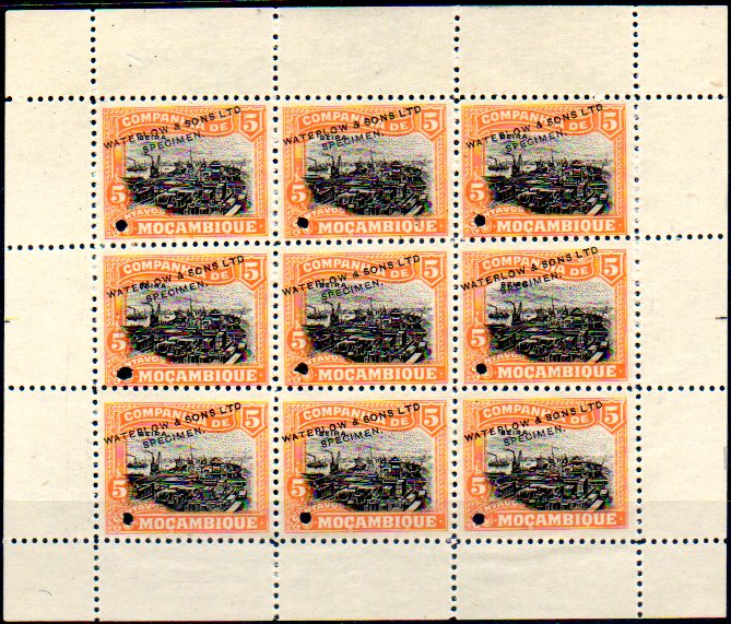 0175.jpg -     Lote:    175      Colecção IMPÉRIO      Companhia de Moçambique       Descrição:         1918 &mdash; Motivos locais. CE123, 5 c. Mini-folha de 9 provas (3x3) em laranja e preto (cores não aprovadas), com sobrecarga a preto "WATERLOW & SONS LTD / SPECIMEN".        PRV       Valor Base:     &euro; 75,00     Valor Venda:     &euro; 75,00     