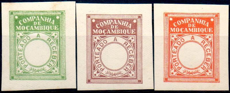 0182.jpg -     Lote:    182      Colecção IMPÉRIO      Companhia de Moçambique       Descrição:         1906 &mdash; Porteado * Emissão regular. Lote de 3 provas não denteadas, sem impressão da taxa, nas cores verde, castanha e Laranja, em papel liso não gomadas. MB.        PRV       Valor Base:     &euro; 20,00     Valor Venda:     &euro; 170,00     