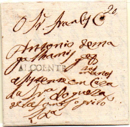0293.jpg -     Lote:    293            Portugal       Descrição:      Alcoentre &mdash;   A preto, GM ALC1 em carta não datada de Alcoentre para Lisboa, com o porte de 20 reis manuscrito. MB e MR.        Carta       Valor Base:     &euro; 500,00     Valor Venda:     &euro; 900,00     