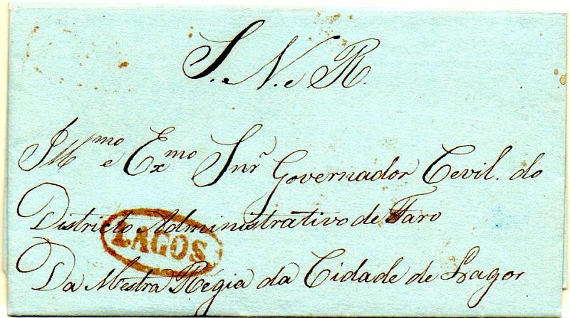 0304.jpg -     Lote:    304            Portugal       Descrição:      Lagos &mdash;   A vermelho, GM LGS3 em carta datada de Lagos (06.08.1848) para Lisboa, isenta de porte. MB e MR.        Carta       Valor Base:     &euro; 750,00     Valor Venda:     &euro; 1500,00     