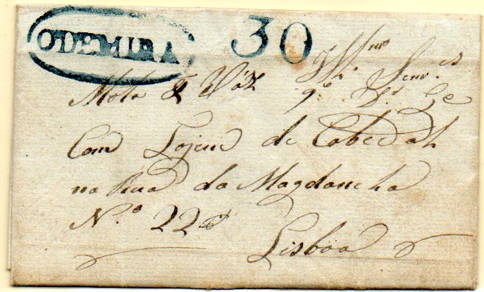 0306.jpg -     Lote:    306            Portugal       Descrição:      Odemira &mdash;   A azul, GM ODM2, em carta datada de S. Teotónio (05.01.43) para Lisboa (16.01.43) com o porte de 30 reis batido a azul. MB e MR.        Carta       Valor Base:     &euro; 400,00     Valor Venda:     &euro; 750,00     