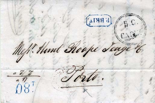 0307.jpg -     Lote:    307            Portugal       Descrição:      Lisboa * Paquete Britânico &mdash;   A azul, GM LSB PB1 em carta remetida de Cadiz (08.03.53) para o Porto (14.03.53), com trânsito por Lisboa (10.03.53). Porteada em 180 reis batido a azul ao qual acresceu o porte territorial de 40 reis, manuscrito a sépia. Data mais antiga que a catalogada. B.        Carta       Valor Base:     &euro; 10,00     Valor Venda:     &euro; 24,00     