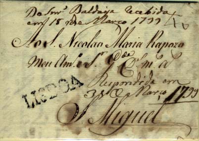 0308.jpg -     Lote:    308            Portugal       Descrição:      Lisboa &mdash;   A preto, GM LSB2, em carta datada de Lisboa (11.02.1799) para S. Miguel (Açores), com o porte manuscrito a sépia de 40 reis.        Carta       Valor Base:     &euro; 40,00     Valor Venda:     &euro; 120,00     