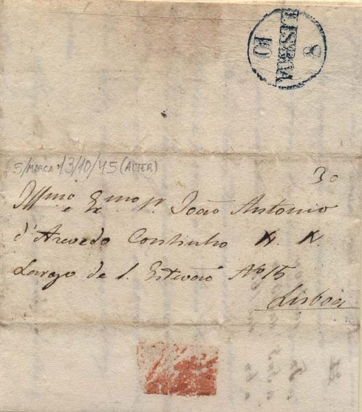 0311.jpg -     Lote:    311            Portugal       Descrição:      Lisboa &mdash;   A azul, GM LSB17 em carta datada de Alter (03.10.45) para Lisboa (08.10.45) com o porte manuscrito a sépia de 30 reis. Marca de Lisboa com o "NÚMERO INDICATIVO DO DIA INVERTIDO". R.        Carta       Valor Base:     &euro; 60,00     Valor Venda:     &euro; 80,00     