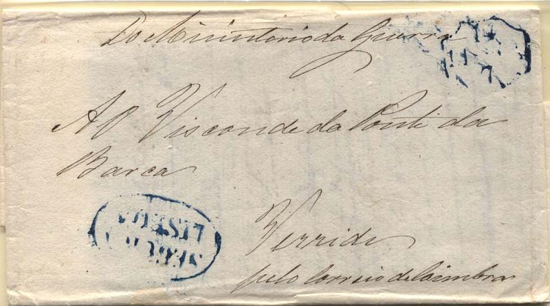 0312.jpg -     Lote:    312            Portugal       Descrição:      Lisboa / Segura &mdash;   A azul, GM LSB-S3 em carta datada de Lisboa (14.07.1838) para Ponte da Barca, isenta de porte. Marca da Repartição de Seguros batida a azul GM LSB23.        Carta       Valor Base:     &euro; 20,00     Valor Venda:     &euro; 30,00     