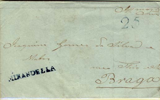 0314.jpg -     Lote:    314            Portugal       Descrição:      Mirandella &mdash;   A azul, GM MDL? (não catalogada) em carta datada de Mogadouro (23.11.??) para Braga, com o porte de 25 reis batido a azul.        Carta       Valor Base:     &euro; 30,00     Valor Venda:     &euro; 65,00     