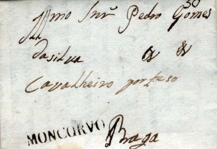 0315.jpg -     Lote:    315            Portugal       Descrição:      Moncorvo &mdash;   A sépia, GM TMC1, em carta datada de Junqueira (08.04.1806) para Braga com o porte de 30 reis manuscrito a sépia. Data mais antiga à catalogada. MB.        Carta       Valor Base:     &euro; 40,00     Valor Venda:     Retirado     