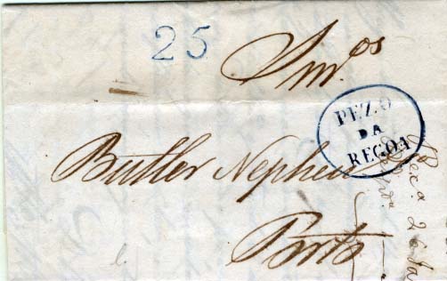 0318.jpg -     Lote:    318            Portugal       Descrição:      Pezo da Regoa &mdash;   A azul, GM PRG3, em carta datada da Régua (25.01.41) para o Porto, com o porte de 25 reis batido a azul. MB.        Carta       Valor Base:     &euro; 20,00     Valor Venda:     Retirado     