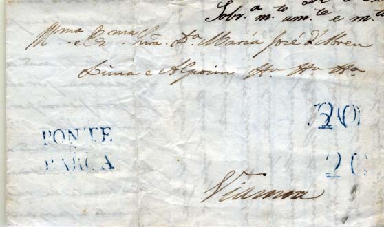 0320.jpg -     Lote:    320            Portugal       Descrição:      Ponte da Barca &mdash;   A azul, GM PTB3 em carta datada de Ponte da Barca (03.05.50) para Viana, com o porte de 20 reis duplamente batido a azul.        Carta       Valor Base:     &euro; 20,00     Valor Venda:     Retirado     