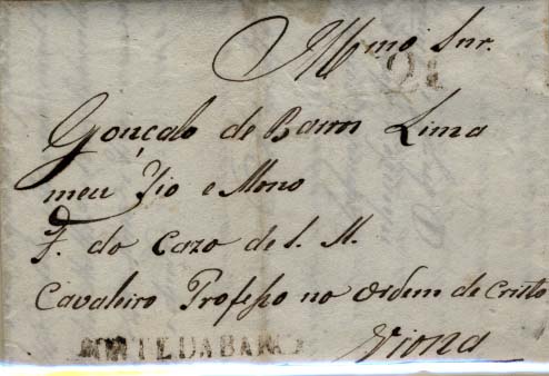 0321.jpg -     Lote:    321            Portugal       Descrição:      Ponte da Barca &mdash;   A sépia/preto (?), GM PTB2, em carta datada de Arcos (07.07.1821) para Viana, com o porte batido a sépia de 20 reis. MB e R.        Carta       Valor Base:     &euro; 50,00     Valor Venda:     Retirado     