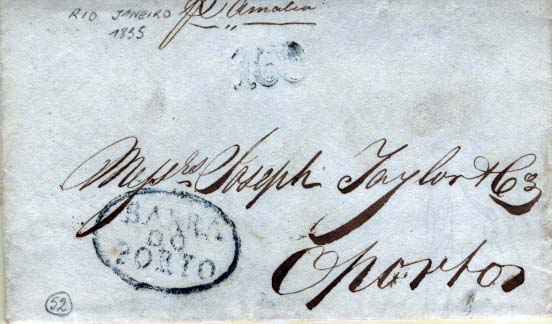 0328.jpg -     Lote:    328            Portugal       Descrição:      Porto / Barra &mdash;   A azul/verde, GM BARRA2 em carta datada do Rio de Janeiro (22.04.1835) para o Porto porteado com 160 reis, pelo "Amália".        Carta       Valor Base:     &euro; 20,00     Valor Venda:     &euro; 20,00     