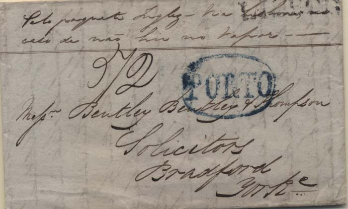 0332.jpg -     Lote:    332            Portugal       Descrição:      Porto &mdash;   A azul, GM PRT13 + Lisbon, marca do agente dos paquetes ingleses em Lisboa, circulada do Porto (20.03.1838) para Inglaterra via Lisboa.         Carta       Valor Base:     &euro; 25,00     Valor Venda:     Retirado     