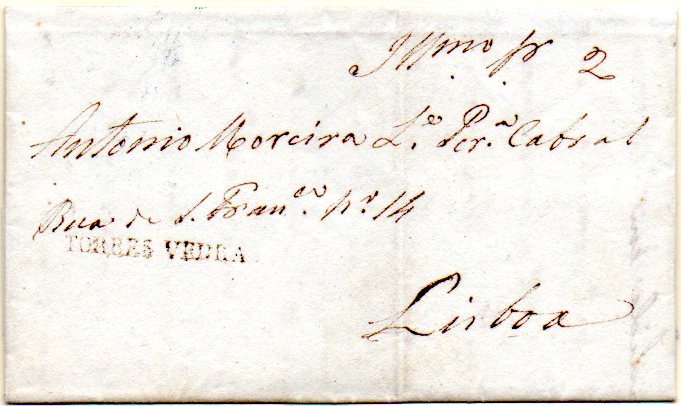 0335.jpg -     Lote:    335            Portugal       Descrição:      Torres Vedras &mdash;   A sépia, GM TVD3 em carta datada de Ribaldeira (26.05.1846) para Lisboa (29.05.46) com o porte de 20 reis manuscrito a sépia. MB e R.        Carta       Valor Base:     &euro; 150,00     Valor Venda:     &euro; 150,00     