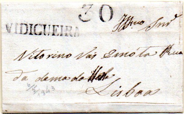 0337.jpg -     Lote:    337            Portugal       Descrição:      Vidigueira &mdash;   A preto, GM VDG1 em carta datada de Vidigueira (06.05.1843) para Lisboa (08.05.43) com o porte de 30 reis batido a preto. MB e MR.        Carta       Valor Base:     &euro; 600,00     Valor Venda:     &euro; 1300,00     