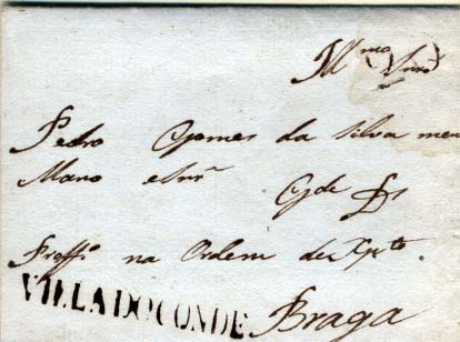 0338.jpg -     Lote:    338            Portugal       Descrição:      Villa do Conde &mdash;   A sépia, GM VCD1 em carta datada de Vila do Conde (02.03.1807) para Braga, com o porte de 20 reis batido a sépia. MB.        Carta       Valor Base:     &euro; 40,00     Valor Venda:     &euro; 40,00     