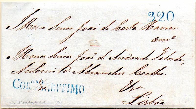 0342.jpg -     Lote:    342            Moçambique       Descrição:      Moçambique &mdash;   Carta circulada de Moçambique (17.08.48) para Lisboa (04.01.49) com o porte de 320 reis batido a azul. Carimbo de denominação de origem COR.º MARITIMO também batido a azul (GM LSB CM1). MB e MR.        Carta       Valor Base:     &euro; 1500,00     Valor Venda:     &euro; 3000,00     