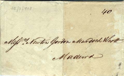 0344.jpg -     Lote:    344            Madeira       Descrição:         Carta remetida de Londres (25.07.1828) para a Madeira (20.08.1828), porteada à chegada com 40 reis. Porte manuscrito a sépia.        Carta       Valor Base:     &euro; 20,00     Valor Venda:     &euro; 24,00     