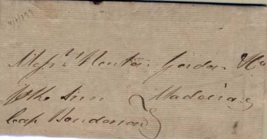 0345.jpg -     Lote:    345            Madeira       Descrição:         Carta remetida em mão de Londres (04.07.1799) para a Madeira (14.10.1799).        Carta       Valor Base:     &euro; 12,00     Valor Venda:     &euro; 26,00     