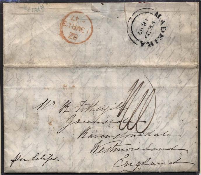 0346.jpg -     Lote:    346            Madeira       Descrição:      Madeira *   A preto, não catalogado por GM, em carta datada do Funchal (16.02.47) para Inglaterra (13.03.1847) pelo Eclipse. Marca tipo inglês datada (Madeira / FE 20 / 1847). MB.        Carta       Valor Base:     &euro; 30,00     Valor Venda:     &euro; 44,00     
