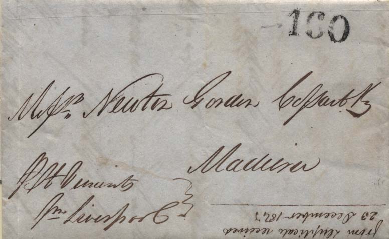 0347.jpg -     Lote:    347            Madeira       Descrição:      Madeira * Selos fixo &mdash;   Carta remetida de Londres (23.12.1847) para a Madeira, porteada à chegada com 160 reis. Porte batido a preto. Selo fixo "160" não referenciado por GM.        Carta       Valor Base:     &euro; 30,00     Valor Venda:     &euro; 36,00     