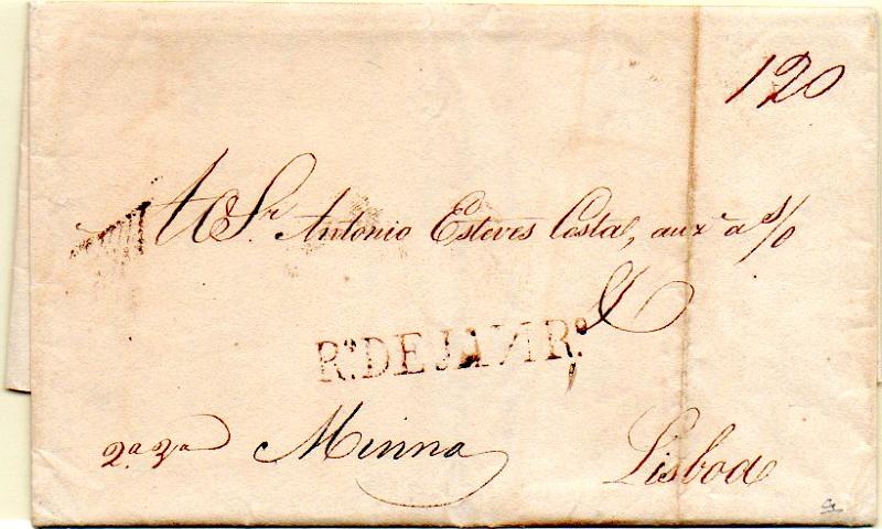 0350.jpg -     Lote:    350            Brasil Colonial       Descrição:      R.º DE JANR.º -   Asépia em carta datada de Rio Janeiro (05.04.1820) para Lisboa (01.07.20) com o porte manuscrito de 120 reis. B e MR.        Carta       Valor Base:     &euro; 300,00     Valor Venda:     &euro; 300,00     