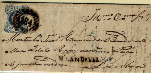 0351.jpg -     Lote:    351            Portugal       Descrição:         1853 &mdash; D. Maria II. CE2, 25 reis azul, cunho II, margens curtas, em carta circulada de Mirandela (18.05.54) para Lisboa (26.05.54) com trânsito pelo Porto (23.05.54). Carimbo nominativo batido a preto MIRANDELLA. MB.        Carta       Valor Base:     &euro; 15,00     Valor Venda:     &euro; 55,00     