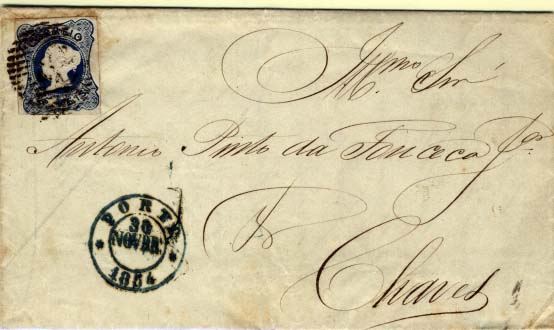 0352.jpg -     Lote:    352            Portugal       Descrição:         1853 &mdash; D. Maria II. CE2, 25 reis azul, margens curtas em carta circulada do Porto (30.11.54) para Chaves, obliterados com carimbo numérico da 1.ª reforma 52.        Carta       Valor Base:     &euro; 10,00     Valor Venda:     &euro; 14,00     