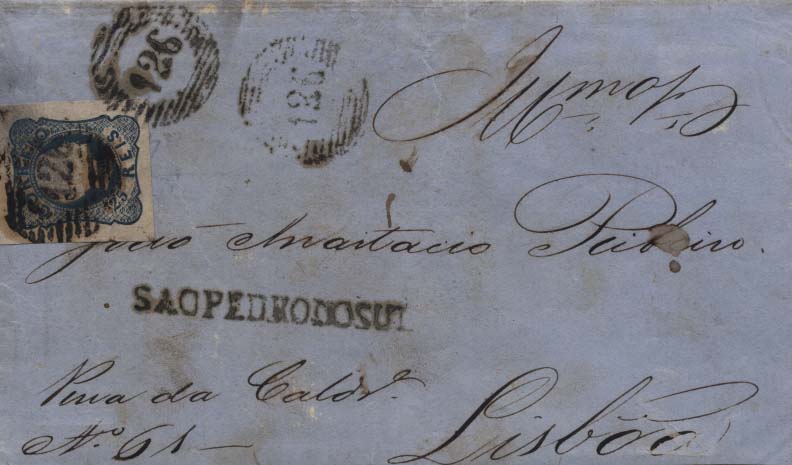 0356.jpg -     Lote:    356            Portugal       Descrição:         1856/58 &mdash; D. Pedro V, cabelos anelados. CE12, 25 reis (linhas duplas) azul em carta circulada de S. Pedro do Sul (24.07.1857) para Lisboa (27.07.57). Carimbo numérico batido a preto "126" e nominativo de SÃO PEDRO DO SUL".        Carta       Valor Base:     &euro; 25,00     Valor Venda:     &euro; 85,00     