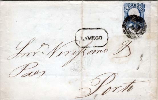 0358.jpg -     Lote:    358            Portugal       Descrição:         1856/58 &mdash; D. Pedro V. Cabelos anelados. CE12, 25 reis azul, canto de folha, com uma margem curta, sobre carta circulada de Lamego para o Porto (22.03.57). Carimbo nominativo batido a preto de LAMEGO.        Carta       Valor Base:     &euro; 15,00     Valor Venda:     &euro; 15,00     
