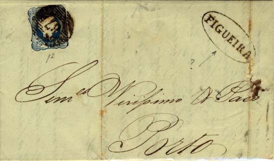 0359.jpg -     Lote:    359            Portugal       Descrição:         1856/58 &mdash; D. Pedro V. Cabelos anelados. CE12, 25 reis azul, margens curtas, circulado em carta remetida da Figueira da Foz (23.12.57) para o Porto (24.12.57). Carimbo nominativo batido a preto de FIGUEIRA e numérico da 1.ª reforma "87".        Carta       Valor Base:     &euro; 10,00     Valor Venda:     &euro; 10,00     