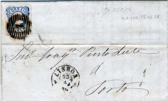 0360.jpg -     Lote:    360            Portugal       Descrição:         1856/58 &mdash; D. Pedro V. Cabelos anelados. CE12, 25 reis azul (linhas duplas), tipo II. Carta circulada de Lisboa (23.04.56) para o Porto (25.04.56). Selo com margens normais.        Carta       Valor Base:     &euro; 12,00     Valor Venda:     &euro; 13,00     