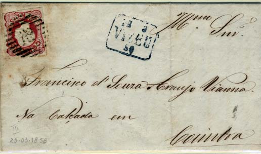 0362.jpg -     Lote:    362            Portugal       Descrição:         1856/58 &mdash; D. Pedro V. Cabelos anelados. CE13, 25 reis carmim, tipo III. Selo com margens curtas em carta remetida de Viseu (23.03.59) para Coimbra. Carimbo de barras 112, batido a preto e carimbo pré-filatélico batido a azul GM VIS8. MB.        Carta       Valor Base:     &euro; 25,00     Valor Venda:     &euro; 44,00     