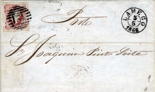 0363.jpg -     Lote:    363            Portugal       Descrição:         1862/64 &mdash; D. Luís I. CE16, 25 reis carmim. Carta circulada de Lamego (05.05.1866) para O Porto (06.05.66). Selo com boas margens, obliterado com carimbo numérico da 2.ª reforma "121" e circular datado de LAMEGO.        Carta       Valor Base:     &euro; 10,00     Valor Venda:     &euro; 14,00     